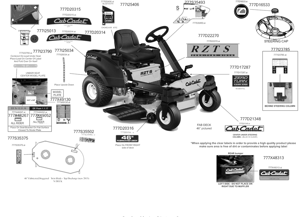 Label Map Diagram and Parts List for RZT-S46KH (17ARCBDN010)(2017) Cub Cadet Lawn Tractor